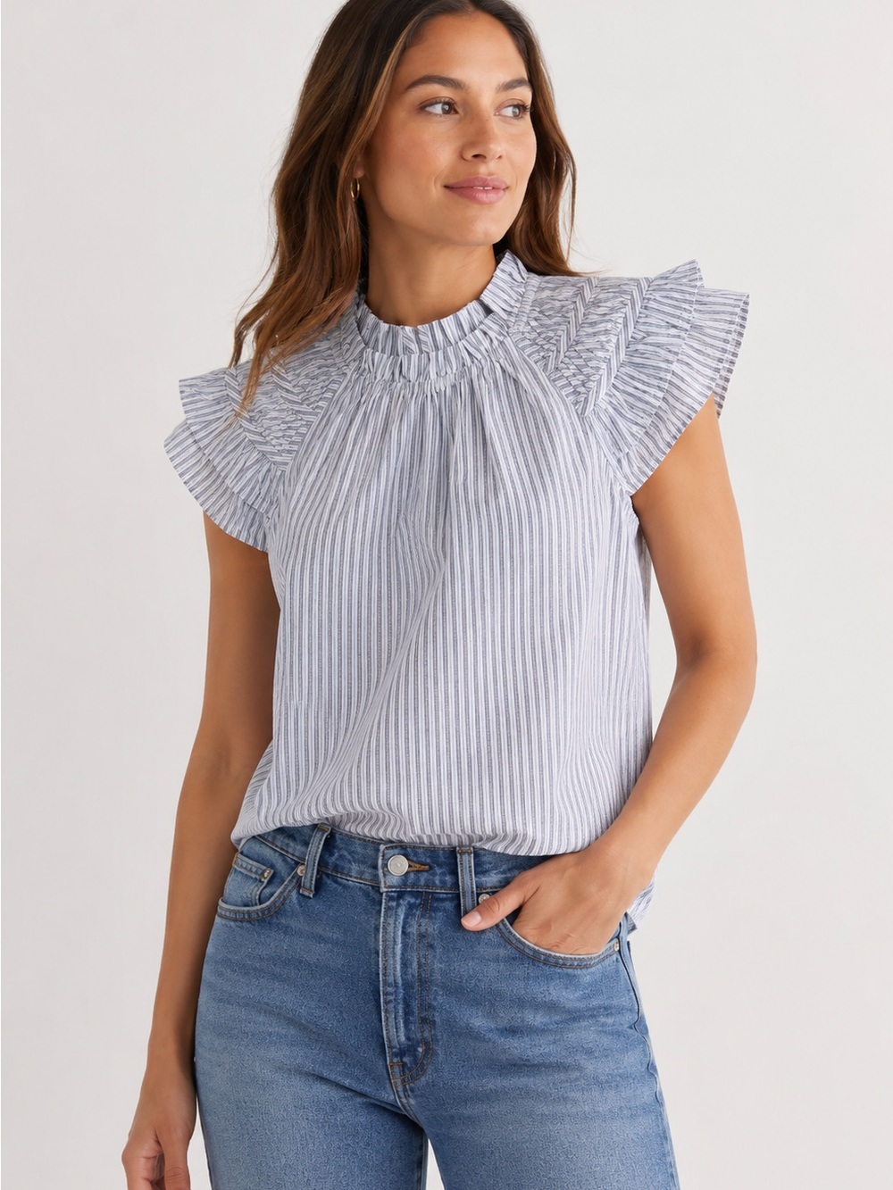 J.CREW Striped Flutter Sleeve Blouse 100% Cotton Blouse Top